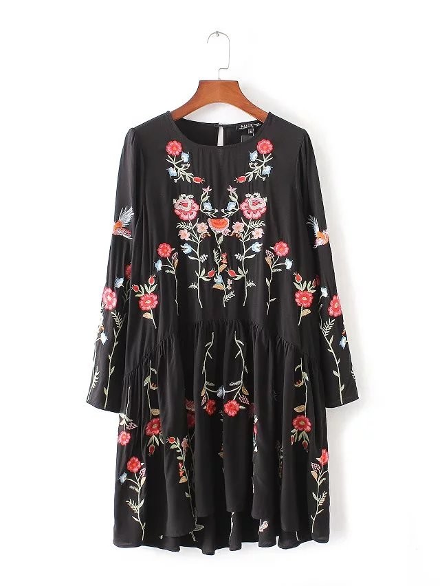 Black Floral Embroidered Long Sleeve Short Dress